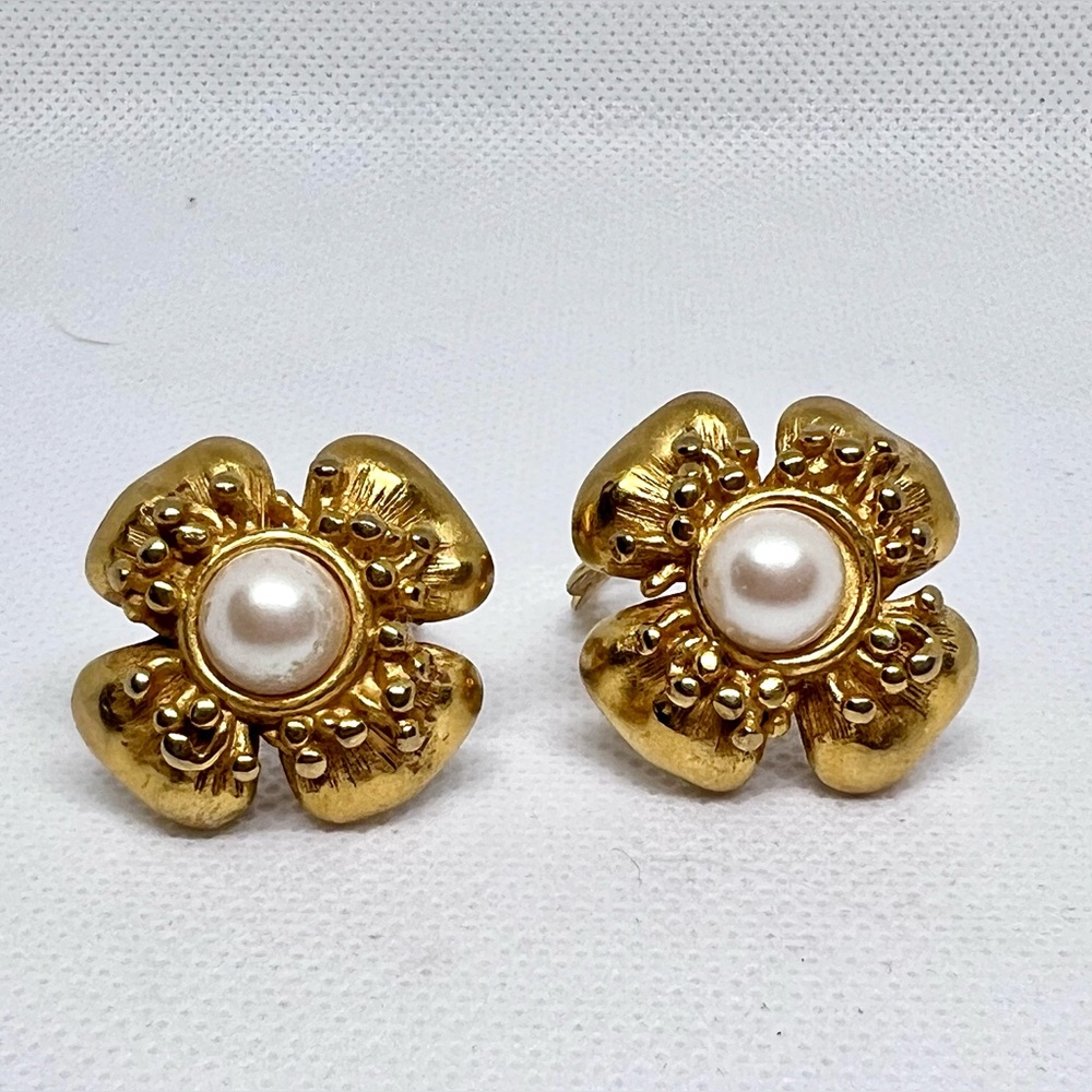 Givenchy Vintage Gold Plated Clip On Pearl Floral Earrings